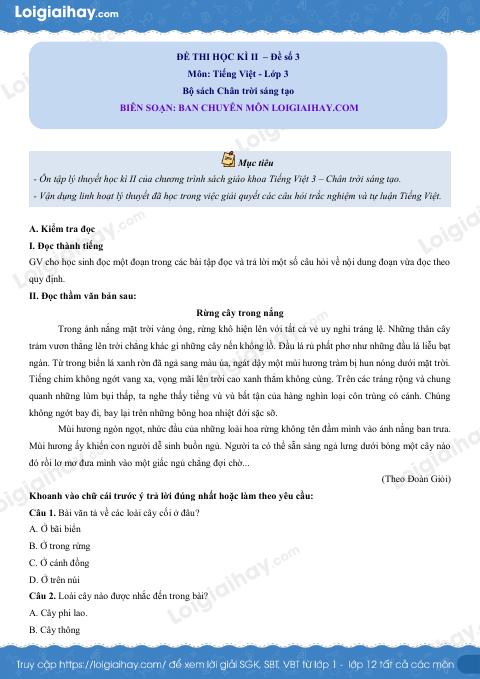 Đề thi học kì 2 Tiếng Việt 3 CTST - Đề số 3